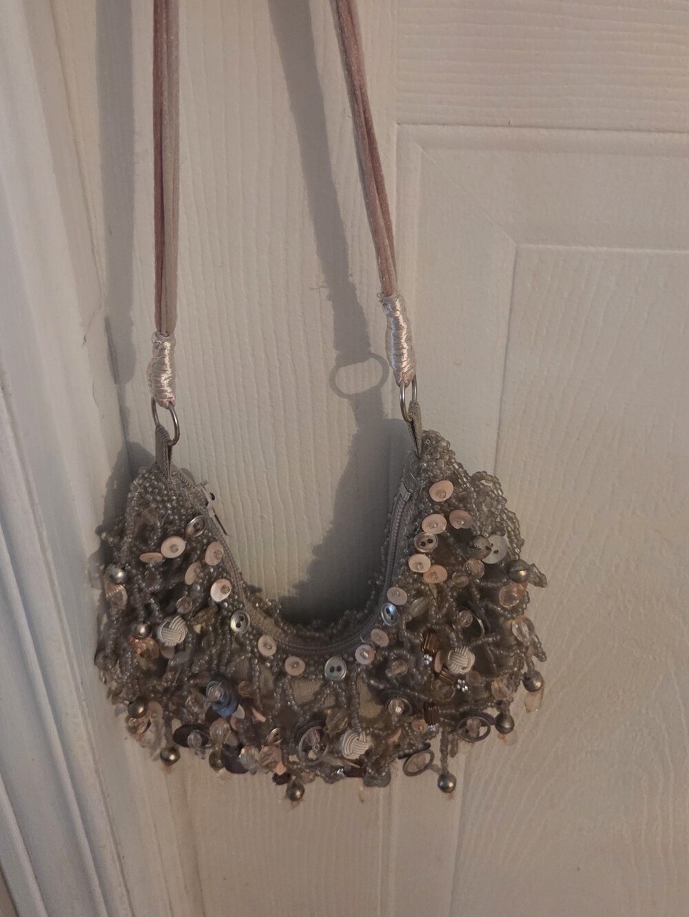 Accessorize UK Beaded Sequin Boho Shoulder Bag - Silver & Champagne